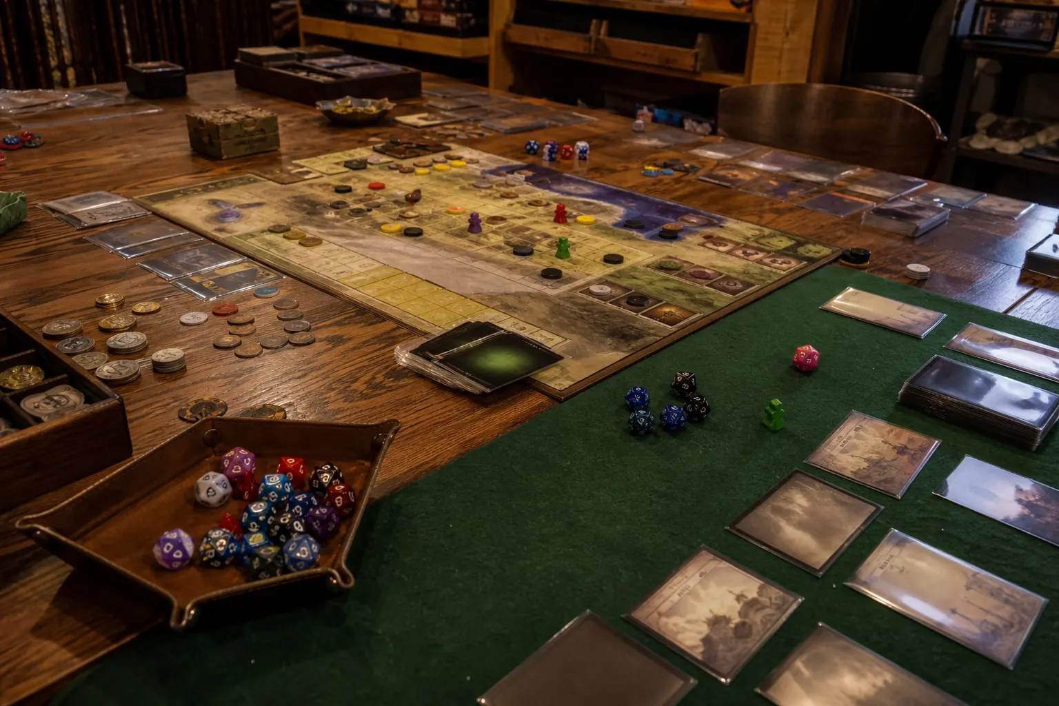 Polyhedral dice on a felt table